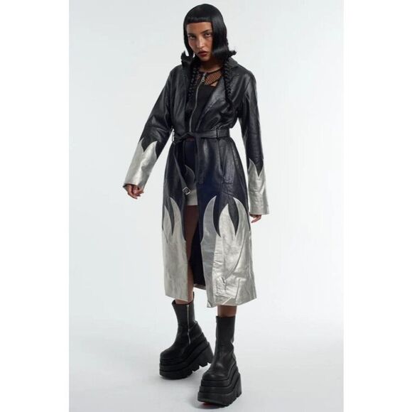 THE RAGGED PRIEST Immortal Coat 16 Silver Flames Faux Leather Trench Mall Goth - Picture 2 of 12